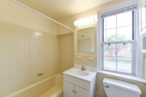 bathroom with tub, toilet, vanity, mirror and window at the colonnade apartments in washington dc