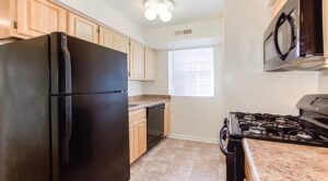 kitchen with refrigerator, gas range, dishwasher, microwave and window at grandview village apartments in shipley terrace washington dc
