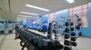 Fitness Center with free weights, cardio machines and exercise balls at park chelsea at the collective apartments in capitol riverfront washington dc