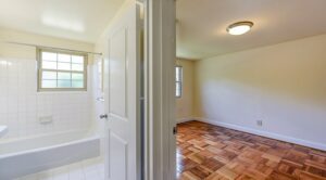 hallway view of bathroom and bedroom at shipley park apartments in washington dc