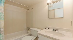 bathroom with tub, toilet, vanity and mirror at washington view apartments in washington dc