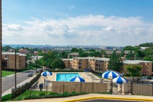 aerial view of swimming pool and washington view apartments in washington dc