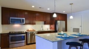 kitchen with stainless steel appliances, kitchen island and modern lighting at park chelsea at the collective apartments in capitol riverfront washington dc