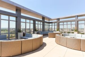 rooftop lounge with social seating and firepits at the agora at the collective apartments in the capital riverfront washington dc