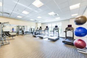 fitness center with cardio machines, exercise balls and strength training machines at archer park apartments in congress heights washington dc