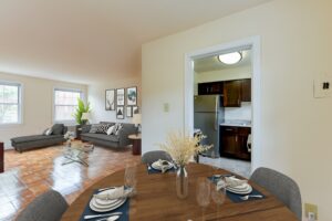 open layout showing dining area, living area, and kitchen at the colonnade apartments in washington dc