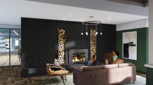resident lounge with social seating and fire place at the garrett apartments at the collective in washington dc