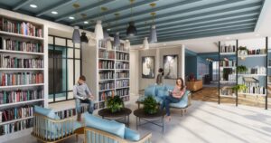resident lounge with book shelving, social seating and modern lighting at the garrett apartments at the collective in washington dc