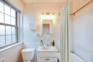 bathroom with tub, mirror, vanity, toilet and window at hampton courts apartments in washington dc