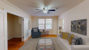 living area with hardwood floors and ceiling fan at 2801 pennsylvania apartments in randle highlands washington dc