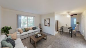 living area with view of dining area and kitchen at manor village apartments in washington dc