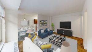 living area with sofa, coffee table, wood flooring, and view of dining area and kitchen at 2800 woodley road apartments in washington dc