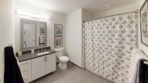 large bathroom with tub, toilet, vanity, cabinets and mirror at avec on h luxury apartments in washington dc