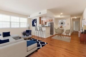 open layout showing living area, kitchen and dining area at t street apartments in washington dc