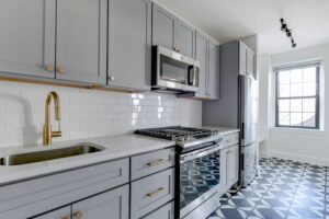 kitchen with stainless steel appliances, modern cabinetry and tile backsplash at the dahlia apartments in washington dc