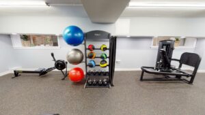 gym with row machine and exercise balls at 2800 woodley road apartments in washington dc