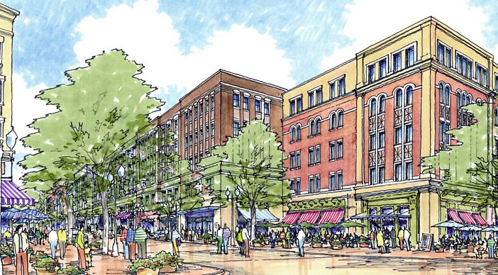 A vibrant street scene illustration captures the charm of Skyland Town Center, featuring red-brick buildings, trees, and people strolling under striped shop awnings. It's a bright, sunny day that perfectly highlights the lively atmosphere. | DC Apartments by WC Smith