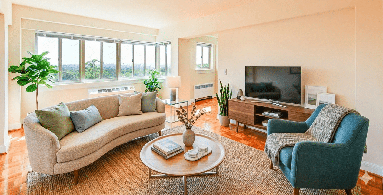Bright living room with large windows, a sofa, armchair, coffee table, TV on a wooden stand, indoor plants, and parquet flooring. | DC Apartments by WC Smith
