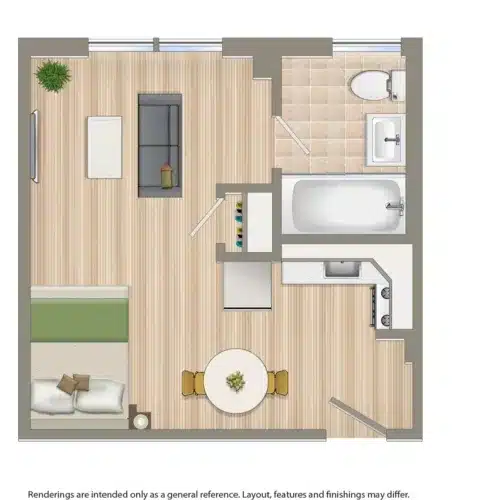 This junior one-bedroom apartment floor plan features a cozy living room, modern kitchen, dining area, bathroom, and a bedroom with a double bed. | DC Apartments by WC Smith