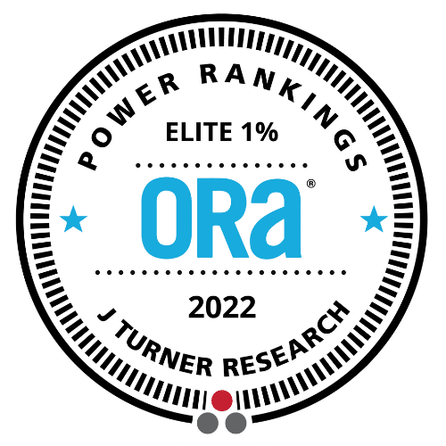 ORA power ranking elite 1% for 2022 badge from j turner research