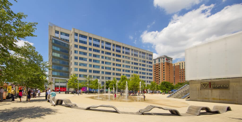 canal park with view of 1100 new jersey office building in washington dc