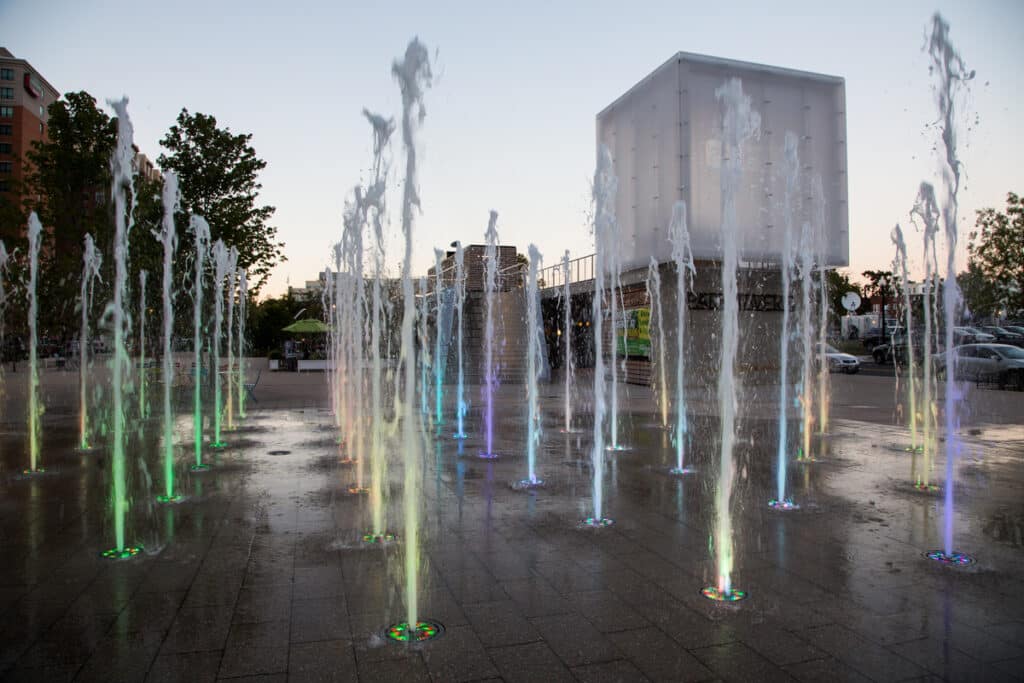 lighted cube and fountains at canal park washington dc