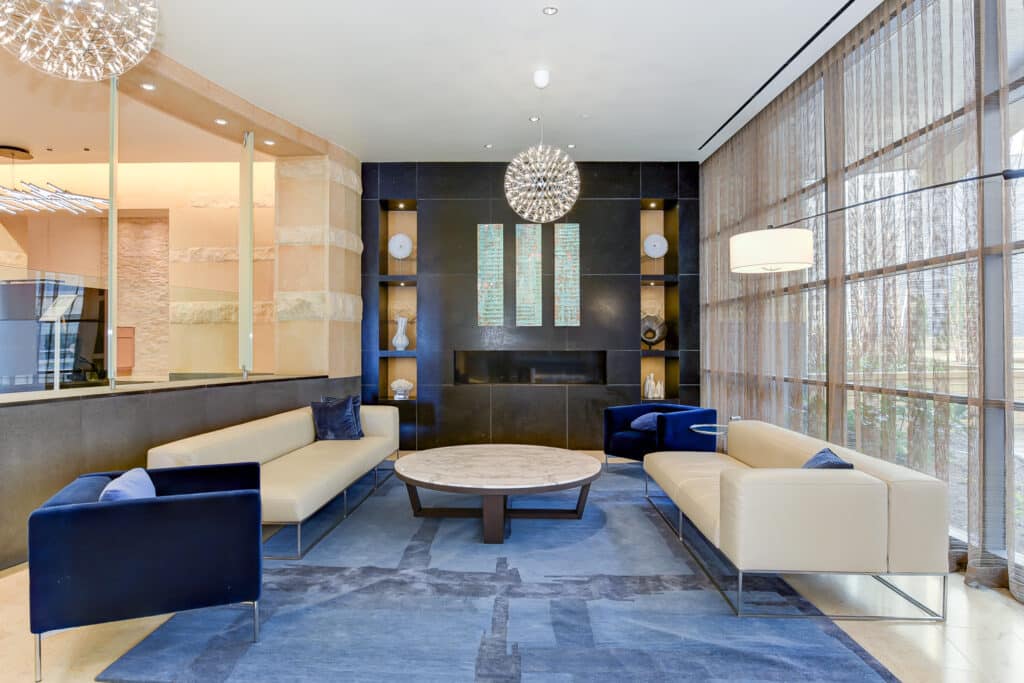 lobby lounge wtih social seating and modern lighting at park chelsea apartments in washington dc
