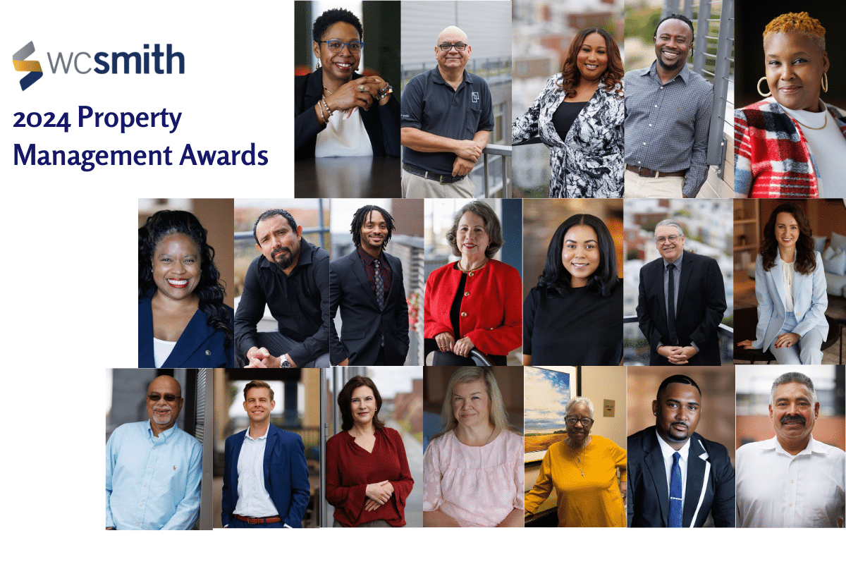 A collage of 20 diverse individuals is displayed in a grid format, adorned with the text: "Annual WC Smith Awards 2024. | DC Apartments by WC Smith